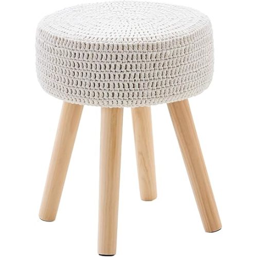 Wimarsbon Pouf Ottoman, 100% Cotton Knitted Boho Footstool, Round Footrest with Non-Skid Wood Legs, Home Décor Handmade Pouffe, Leisure Floor Step Stool for Living Room (Long Leg - Beige)