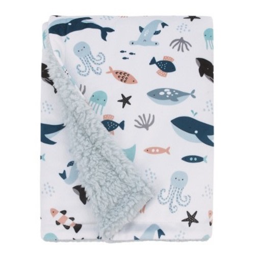 NoJo Explore Dream Discover Light Blue, Navy, Gray and Coral Super Soft Cuddly Plush Baby Blanket