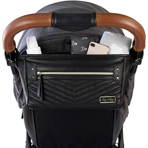 Itzy Ritzy Adjustable Stroller Caddy/Organizer - Stroller Organizer Bag Featuring Front Zippered Pocket, 2 Built-In Interior Pockets & Adjustable Straps to Fit Nearly Any Stroller (Black + Gold)