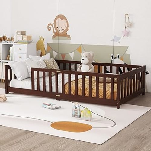 Bellemave Twin Floor Bed with Slats and Safety Guardrails, Twin Size Montessori Floor Bed with Fence and Without Door, Easy Assemble Montessori Beds Frame for Girls, Boys, Pink Espresso