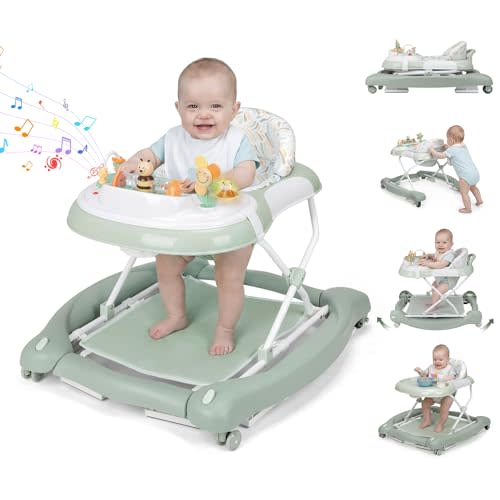 5 in 1 Baby Walker, Music and Lights Foldable Baby Walker with Wheels, 3 Adjustable Heights, with Bouncer Combo, Rocker, Activity Walker for Baby Boy and Girl 6-18 Months (Green)
