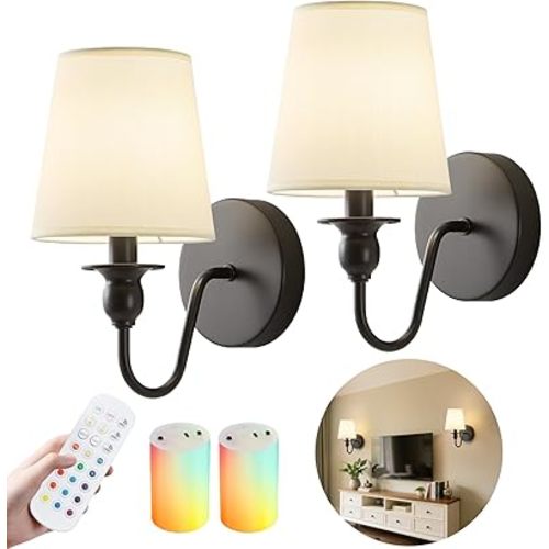 Battery Operated Wall Sconce Set of 2,Rechargeable Wall Sconce with 10000mAh Dimmable Bulb and Remote,LED 15 Colors Black Wireless Battery Powered Wall Lamp with Fabric for Bedroom Living Room