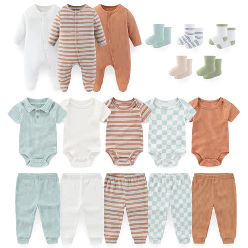 falianni Unisex Baby 18-Piece Layette Set,New Born Clothing,0-12M | 18‑Pack Infant Boys & Girls Outfits,Bodysuits,Pants,Footed Rompers,Hats,Socks,Snap Closure,Short & Long Sleeves Neutral