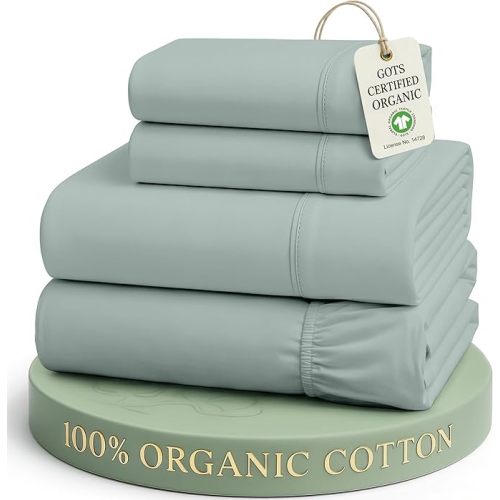 LANE LINEN Queen Bed Sheets 100% Organic Cotton 4pc Percale - French Blue | GOTS Certified Organic Cotton Percale Queen Sheet Set - Naturally Cooling & Lightweight, Cool All Summer, Cozy All Winter