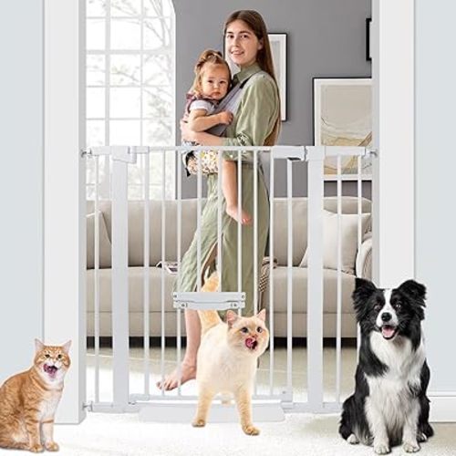 37 Inch Tall Baby Gate with Cat Door, Adjustable 29.55" and -40.55" Wide Auto Close Dog Gate Pressure Mounted Safety Pet Gate for Stairs, Doorway, House