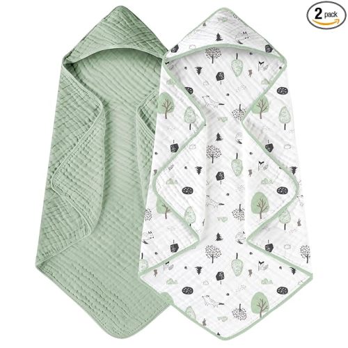 Yoofoss Hooded Baby Towels for Newborn 2 Pack 100% Muslin Organic Cotton Baby Bath Towel with Hood for Babies, Infant, Toddler and Kids, 32x32Inch, Soft and Absorbent Newborn Essential,Forest