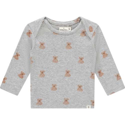 Teddy Bear Print Long Sleeve, Light Grey Melange