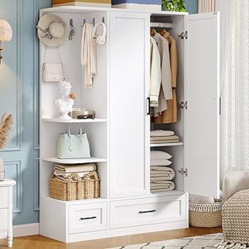 Armoire Wardrobe Closet with 2 Drawers, 70" Tall Clothing Storage Cabinet with Hanging Rod, 3 Open Shelves & 5 Hooks, 2 Doors Large Capacity Wooden Wardrobe Cabinet for Bedroom, White