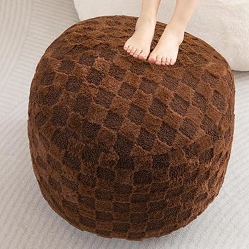 HIGOGOGO Round Stuffed Pouf Ottoman, Plaid Poufs with Foam Chunk Filling, Fluffy and Furry Pouf Foot Stool Storage Ottoman, 26 X 18 Floor Poufs Foot Rest for Living Room, Coffee