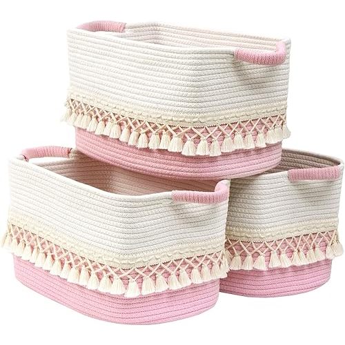 3 Pack Storage Basket for Shelves, Boho Cotton Rope Storage Bins with Heavy Tassel, Shelf Baskets Large Woven Baskets for Organizing, Cube Organizer Bins, Baby Laundry Basket for Clothes, Toys, Pets