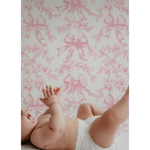 Bow Chinoiserie Wallpaper, Peel and Stick Removable, Baby Pink Coquette Grandmillennial Chic, Flower Baroque Vines, Elegant Pink Toile