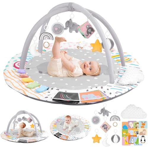 Baby Play Gym & Activity Mat, 4-in-1 Tummy Time Mat with Support Pillow, 7 Detachable Sensory Toys & Educational Cards for Motor Skills Development, Newborn Essentials Shower Gift, Grey Elephant