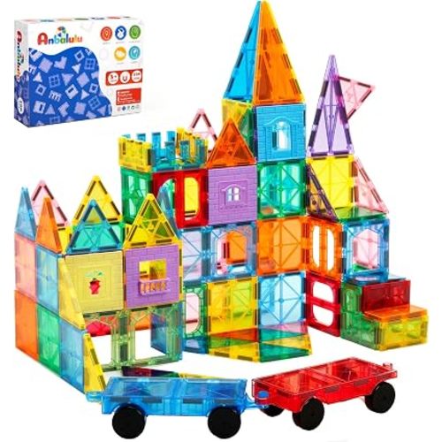 Anbalulu Magnetic Tiles 100PCS with 2 Cars, STEM Educational Building Blocks for Kids Ages 3-9, Magnet Construction Toys Gift for Toddlers
