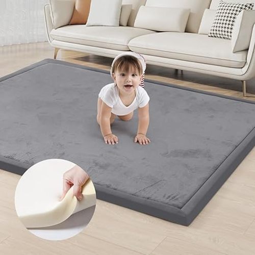ACOMOPACK Baby Play Mat for Floor 1.3" Thick Memory Foam Play Mat 59"×71" Tummy Time Crawling with Non-slip Bottom for Living Room,Nursery,Soft Velvet Playpen Mats for Kids,Infants(Dark Grey)