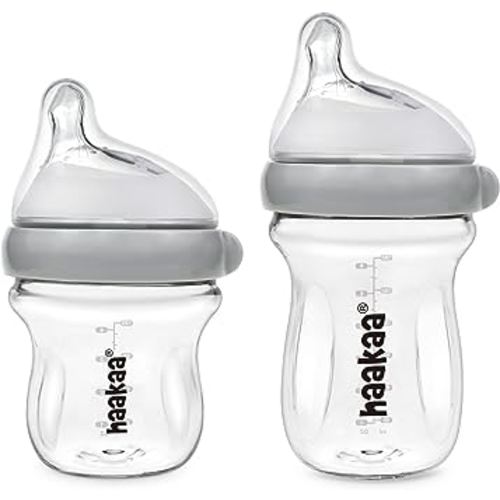 haakaa Gen.3 Natural Glass Baby Bottle Set 4oz & 6oz - Wide Neck Anti-Colic Slow Varibale Flow Nipple, 0M+ 3M+ 6M+ Breastfed Babies