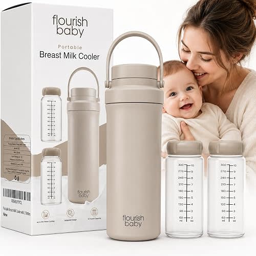 Beige Travel Breast Milk Cooler, Portable Breastmilk Chiller with 24H+ Cooling, 22oz Capacity, 2pc Baby Bottles, Leakproof BPA-Free Storage for Pumped Milk & Formula On The Go