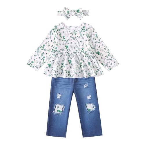 SODLON Baby Girl Clothes Toddler Girls Fall Winter Top Jeans Outfits 9M-5T | Infant Girls Clothing, Long Sleeve Ruffle T-Shirt Denim Pants Set, Cute Baby Outfit for Birthday Gifts, Casual and Photos