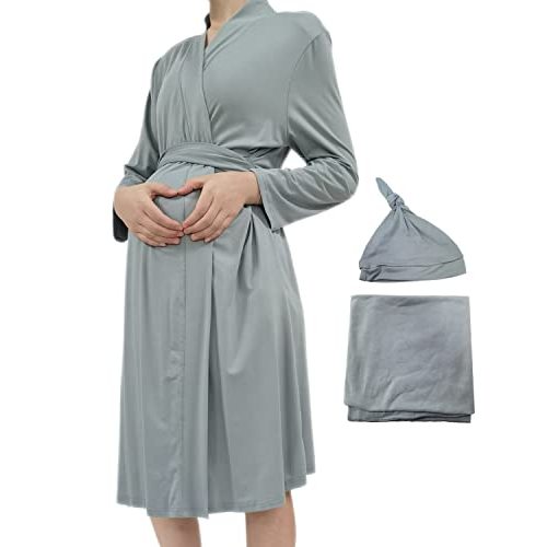 SUFEINI Maternity Robe and Matching Baby Swaddle Blanket Set, Mommy Robe with Receiving Blanket Girls Boys Sleepwear