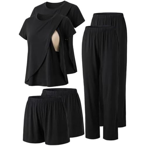Winvote 6 PCS Maternity Pajamas Nursing 2 Set Postpartum Breastfeeding Short Sleeve Shirts, Pregnancy Shorts & Pants