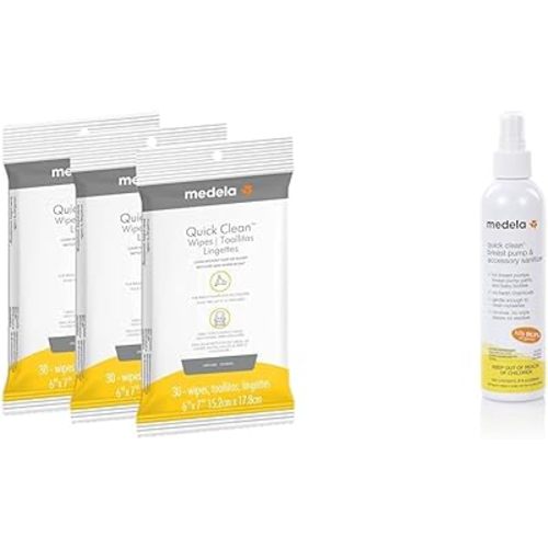 Medela Quick Clean Breast Pump and Accessory Wipes 90ct, 3 Packs of 30 Count, Resealable & Quick Clean Breast Pump and Accessory Sanitizer Spray