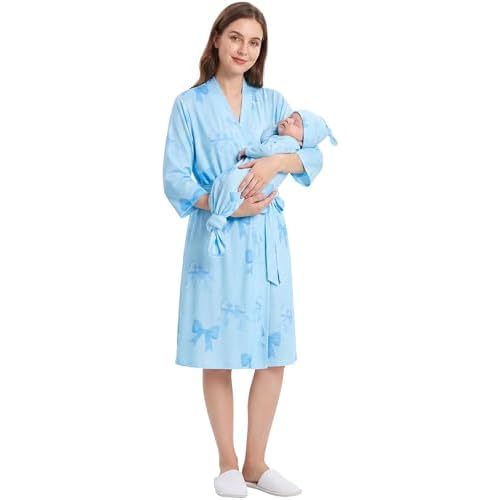 Mommy and Me Robe and Swaddle Set Floral Maternity and Baby Matching Delivery Blanket Headband for Mom Girl Boy 4pcs