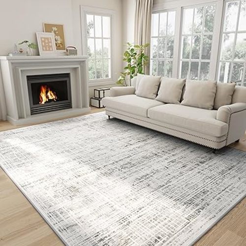 8x10 Area Rugs Washable Rug: Anti-Skid Abstract Modern Living Room Rug Soft Thin Carpets Indoor Floor Non-Shedding Carpet for Bedroom Dining Farmhouse Nursery Home Office (White Gray, 8'x10')