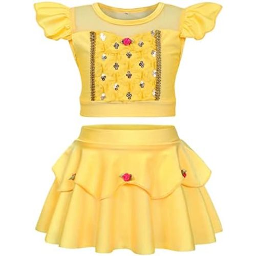 WonderBabe Girls Princess Two Piece Swimsuit Kids Bathing Suits Ruffles Fancy Swimwear Surf Beach Summer Swimming Tankini Set