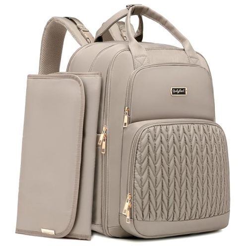 Qualyphant Extra Large Diaper Bag Backpack for 2 Kids Twins - Expandable Diaper Bag (30-38L) - Travel Baby Backpack with Changing Pad for Mom Dad (Quilted, Water Resistant, Brown Taupe)