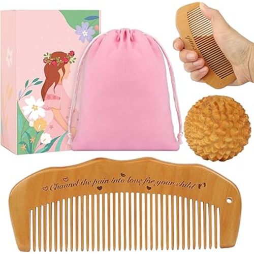 Wooden Birthing Comb Massage Ball Set for Labor Pain Relief, 2 Pcs Labor Comb with Bag, Delivery Essentials Items for Women During Childbirth, Mom Gift