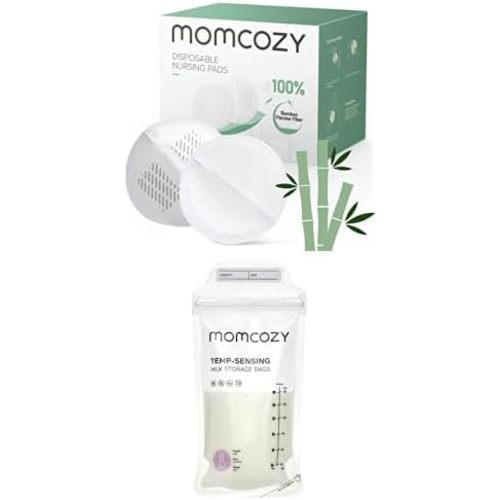 Momcozy Bamboo Fiber Disposable Nursing Pads, 100% Natural Materials & Momcozy Breastmilk Storing Bags, Temp-Sensing Discoloration Milk Storing Bags for Breastfeeding