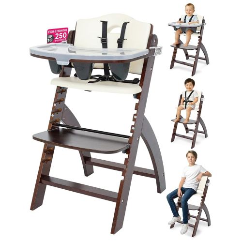 Abiie Beyond Junior Convertible Wooden High Chair with Removable Tray | 3-in-1 Adjustable Highchair for Babies & Toddlers, Fits 6 Mos to 250 lbs, Water-Resistant, Mahogany Wood w/ White Cushion
