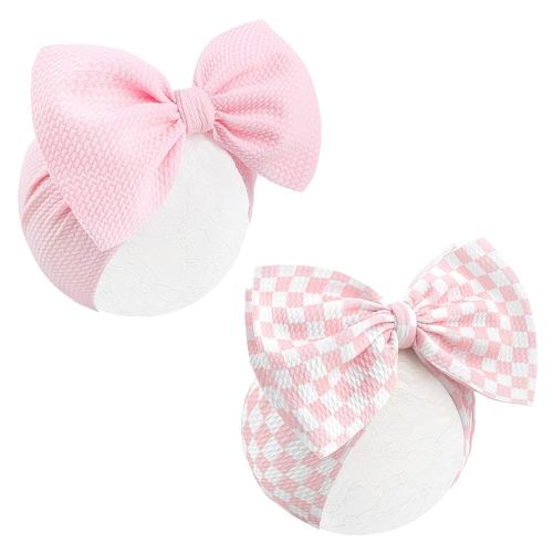 YanJie 2PCS 7’’ Light Pink Bows for Baby Girls Checkered Headband Pink Bow Infants Toddler Hair Accessories Newborn Headbands Hair Bow Baby Clothes