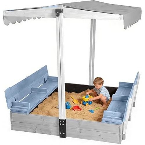 Sandbox with Lid Outdoor Sandboxes with Cover Wooden Foldable Bench Seats with Canopy for Kids Large Sandy Box with Adjustable-Height Roof 47.2" L × 47.2" W (Blue)