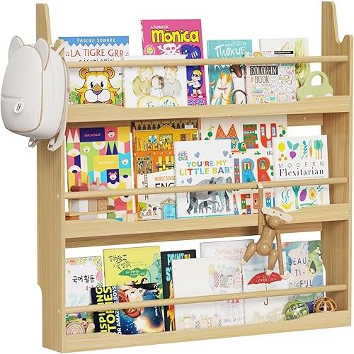 Lkeiyay Wooden Kids Bookshelf,Wall Mount 3-Tier Book Shelf Organizer for Toys and Books,Wall Book Shelves for Bedroom Kids (Natural)