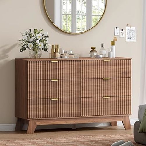 6 Drawer Fluted Dresser for Bedroom, Mid Century Modern Wooden Dresser with 6 Drawers, Dressers & Chests of Drawers with Metal Handle, TV Stand & Storage Organizer for Entryway, Hallway, Walnut