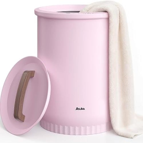 Asuka Towel Warmer for Bathroom - Large Towel Warmer Bucket with Wood Handle, Auto Shut Off, 4 Time Delay Settings, Fits Two 40"X70" Oversized Towels, Bathrobes, Blankets, PJ's and More, Pink