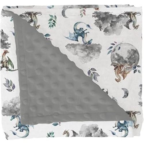 Watercolor Dragons Baby Blankets for Girl Boy Fairytale Dragon Wings Leaves Soft Mink Dotted Backing Double Layer Swaddle Blanket for Toddler Nursery Crib Fantasy Dragon Moon Clouds Bed Blanket 30x40