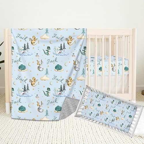 Personalized Baby Crib Bedding Sets for Baby Boys Girls, Custom Crib Bedding Set with Name, Dragon 2 Piece Nursery Bedding, Name Crib Comforter Crib Fitted Sheets for Babies Toddler