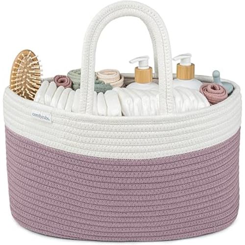 Comfy Cubs Rope Diaper Caddy Organizer 8.5" x 15" x 8" - Large Baby Diaper Basket with 3 Spacious Compartments - Stylish Cotton Baby Caddy Organizer for Diapers, Wipes & Essentials - Mauve