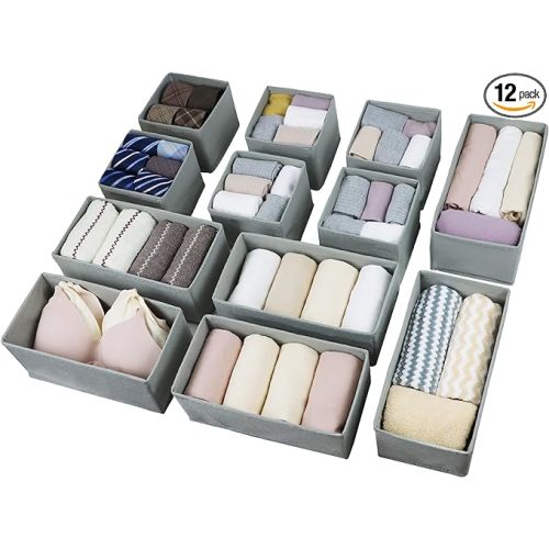 Drawer Organizer Clothes, Foldable Fabric Dresser Organizer Closet Organizers and Storage Box for Underwear,Folded Clothes,Baby Clothing,Socks,Bra,Towels,Ties(6M+6S,Gray)