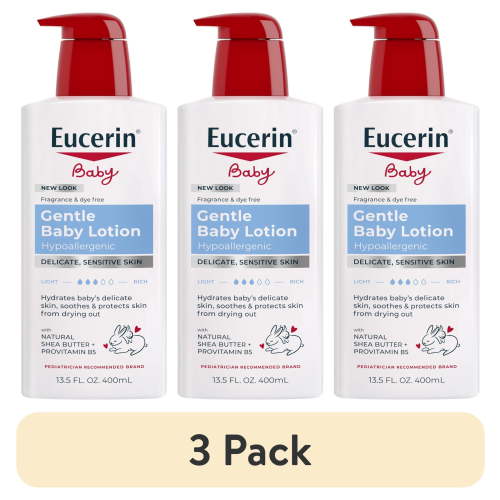 (3 pack) Eucerin Baby Lotion with Provitamin B5 and Shea Butter, Hypoallergenic, Fragrance Free, 13.5 fl oz
