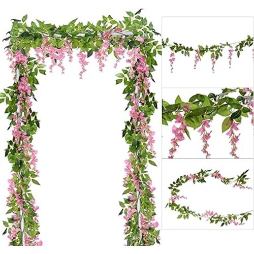 DearHouse 4Pcs 6.6Ft/Piece Artificial Flowers Silk Wisteria Garland Artificial Wisteria Vine Rattan Silk Hanging Flower for Home Garden Outdoor Ceremony Wedding Arch Floral Decor(Pink)