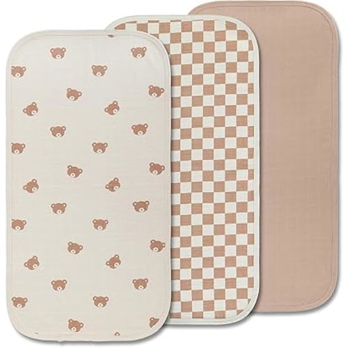 Miaoberry Organic Muslin Portable Changing Pad Liner – Waterproof Reusable Baby Diaper Changing Pad Cover for Travel, Teddy Bear & Checkerboard, 3 Pack