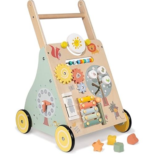 Wooden Baby Walker, Multiple Learning Activities Center Develops Motor Skills for Infant to Toddler, Push and Pull Walkers with Wheel for Boys Girls