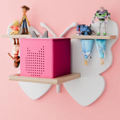 Eostbe Butterfly Tonie Shelf for Tonie and Tonie Box - White Magnetic Tonie Wooden Floating Shelf for Tonie Storage, Cute Tonie Wall Shelf for 8-12 Tonie Figures,Tonie Box Shelf Wall Mounted for Kids