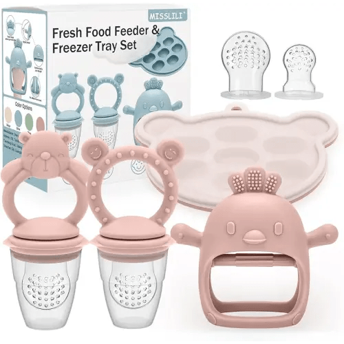 Baby Silicone Fruit Food Feeder Pacifier & Breastmilk Popsicle Freezer Molds,BPA Free Baby Food Storage Containers Frozen Ice Tray for Baby Feeding Safely, Infant Fruit Teething Toy (Pink)
