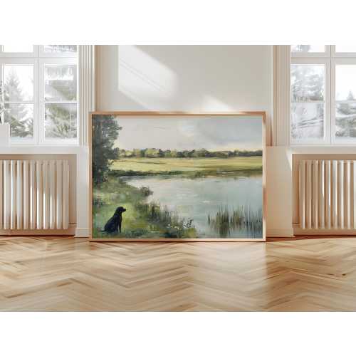Black Lab Pond Scene | Vintage Dog Painting Wall Art | Dog Lover Gift | Physical Print