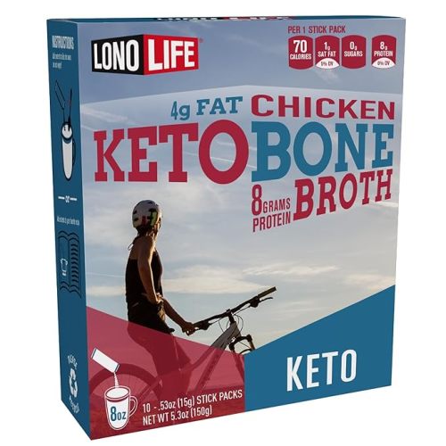 LonoLife Keto Chicken Bone Broth Powder Mix | 10g Protein | Collagen-Rich, Keto & Paleo Friendly | Natural Ingredients | 10 Portable Stick Pack Servings