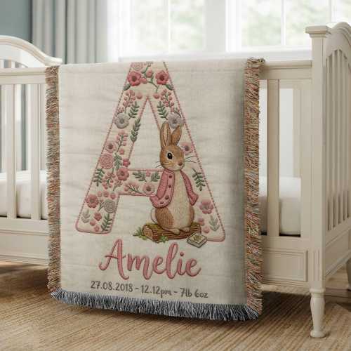 Personalized Peter Rabbit Nursery Woven Blanket | Floral Initial, Personalized Baby Gift Custom Name, Newborn Keepsake 100% Cotton blanket