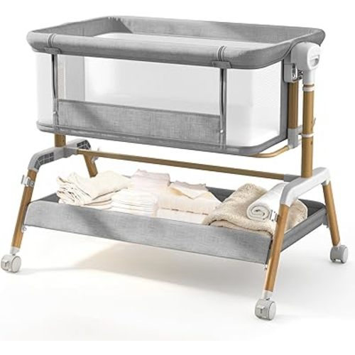 3 in 1 Baby Bassinet, Bedside Sleeper for Newborn, 7-Level Height Adjustable, Rocking Design with Breathable Mesh, Lockable Wheels & Large Storage Space, Portable Baby Crib（Light Gray）
